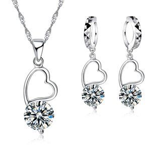 NEW ❤️ Cute Drop Heart 925 Sterling Silver Bundle Necklace Earrings